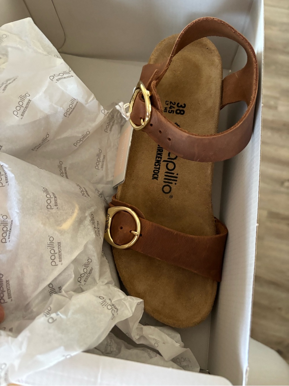 Papillio x Birkenstock Tan Wedge Sandal with Gold Buckles